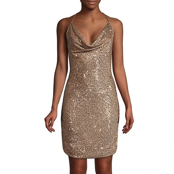 Parker Black Mini Dress 0 XS Rose Gold Sequin Paris Cowl Neck Bodycon Party Parker Black Mini Dress 0 XS Rose Gold Sequin Paris Cowl Neck Bodycon Party